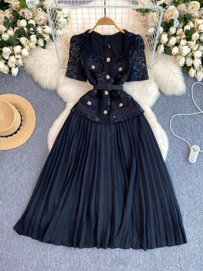 French Chanel style dress for women high-end exquisite temperament square collar lace splicing pleated long skirt celebrity dress