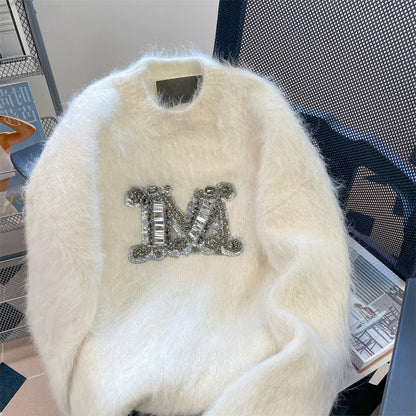 European goods beautiful lazy style heavy sequined letter sweater men and women autumn and winter thickened mohair soft glutinous knitted jacket