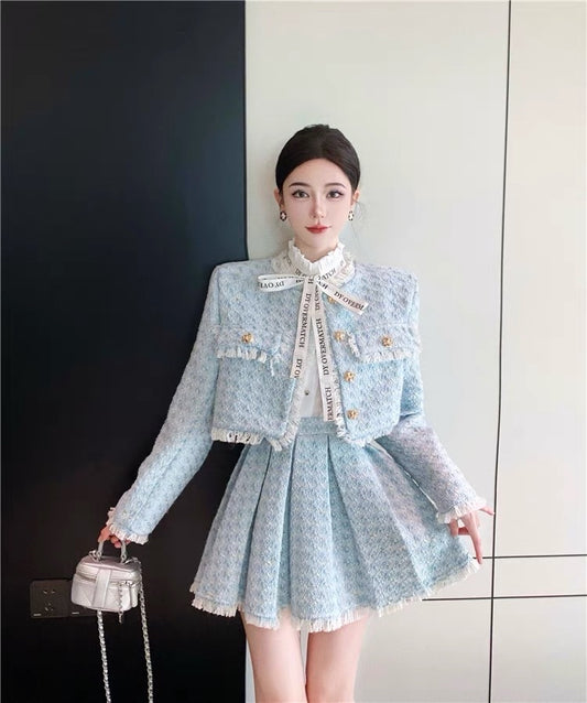 French celebrity temperament autumn and winter with a whole set of women's clothing professional small fragrant wind short coat pleated skirt