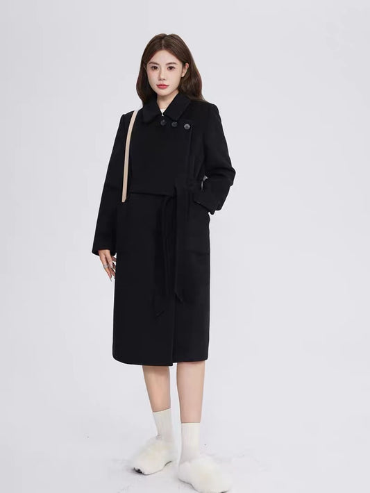 Volstagg black woolen coat for women autumn and winter high-end slimming Hepburn style mid-length woolen coat