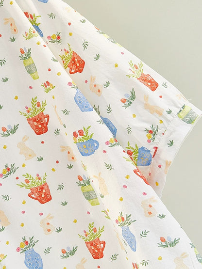 Cartoon vase print tops 2024 summer new short-sleeved ladies cardigan shirt doll collar age-reducing shirt