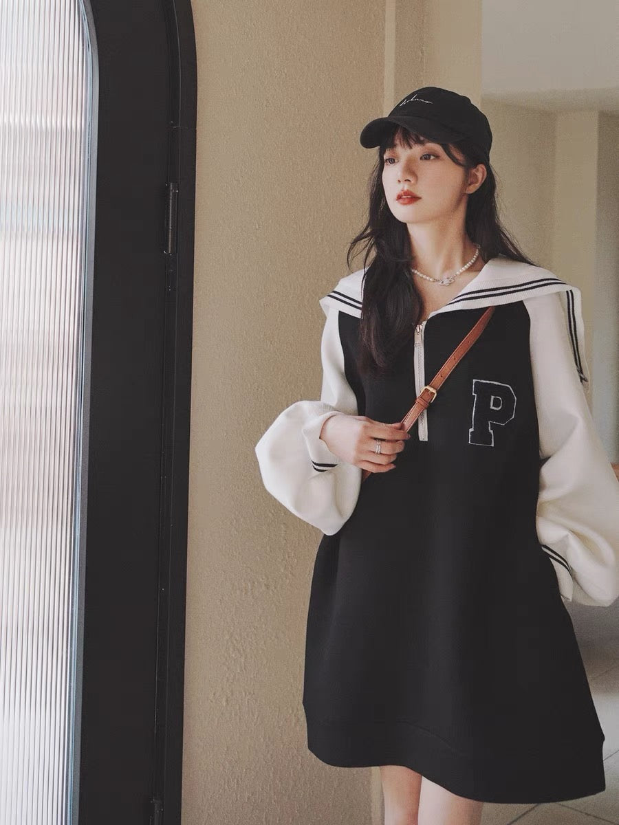 Navy collar sweatshirt dress for women spring mid-length 2023 new small loose sweet college style skirt