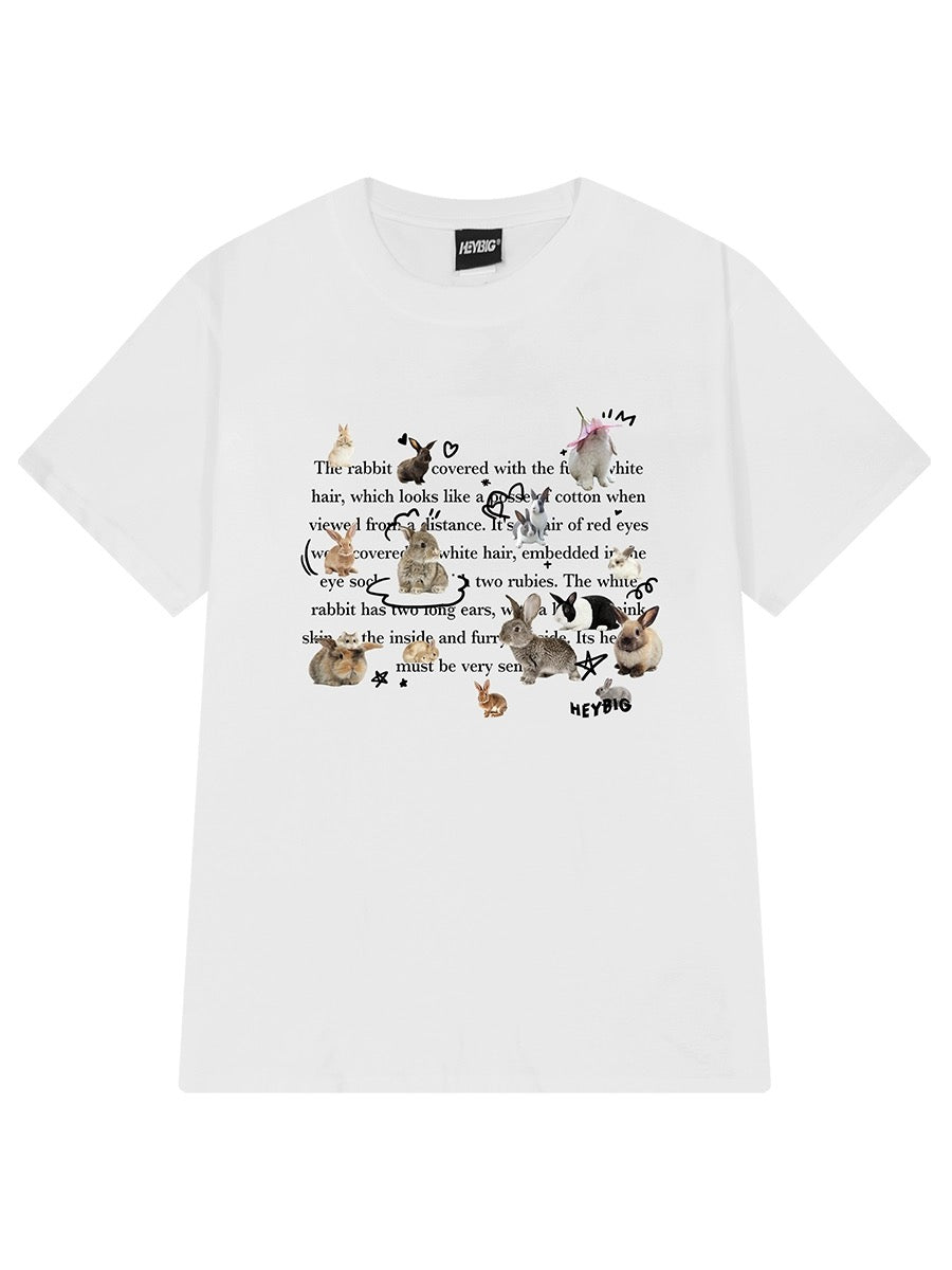 Fashion brand letter rabbit print short-sleeved T-shirt for men and women, same style, pure cotton, loose round neck, half sleeves, popular online versatile top