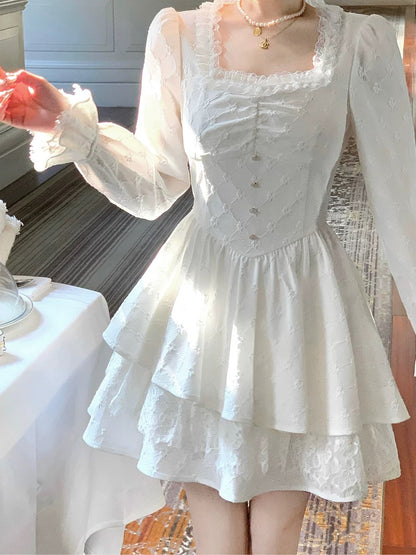 Q Women's Home White Dew under the Moon/French White Jacquard Square Neck Dress Spring Irregular Hem Long Sleeve Little White Dress