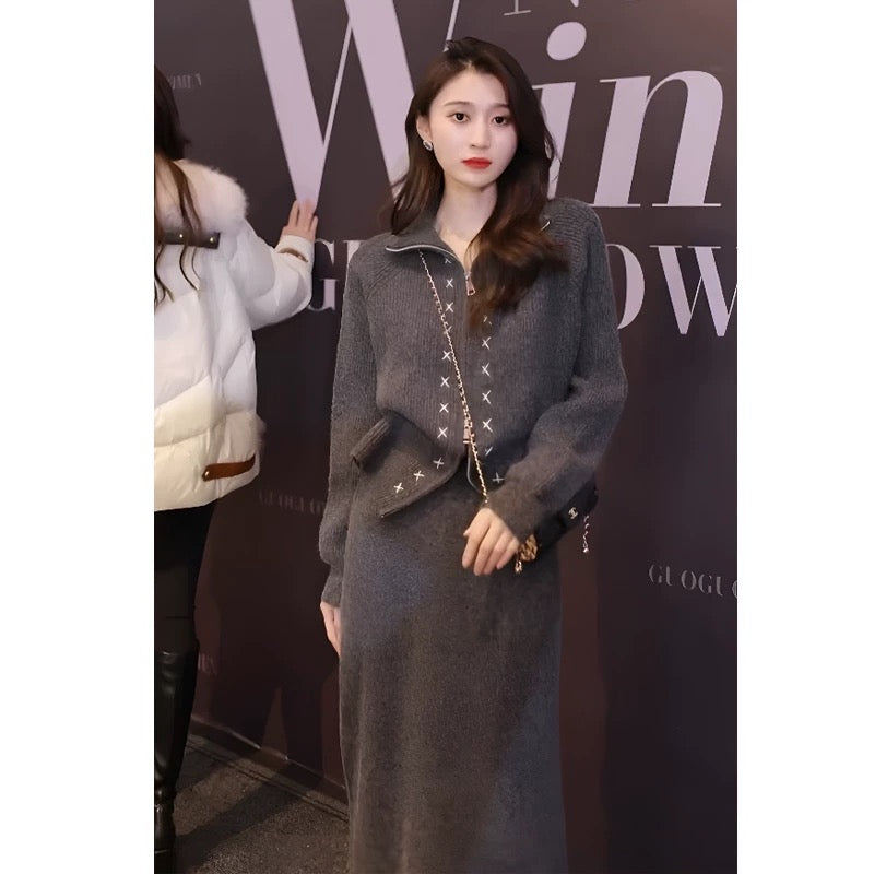 La Chapelle fashionable casual sports suit skirt women's autumn and winter 2023 new knitted skirt two-piece set