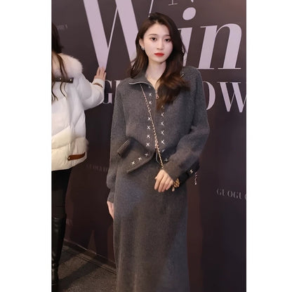 La Chapelle fashionable casual sports suit skirt women's autumn and winter 2023 new knitted skirt two-piece set