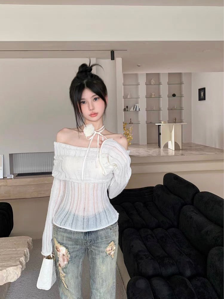 Yatoujia's trendy women's clothing~pure lust hazy pullover sweater for women autumn three-dimensional flower one-shoulder sweater (T0231)