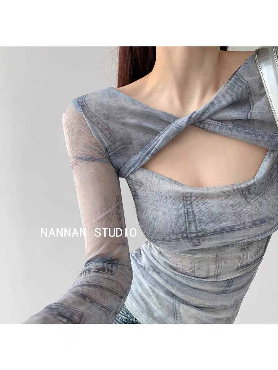 Pure lust!! Knotted hollow design mesh long-sleeved top for women summer sun protection thin tie-dye T-shirt trendy (S0815)