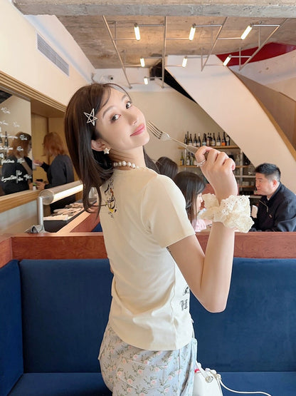 Thebestxue beige U-neck cartoon cat letter print T-shirt women's summer loose pullover short-sleeved top