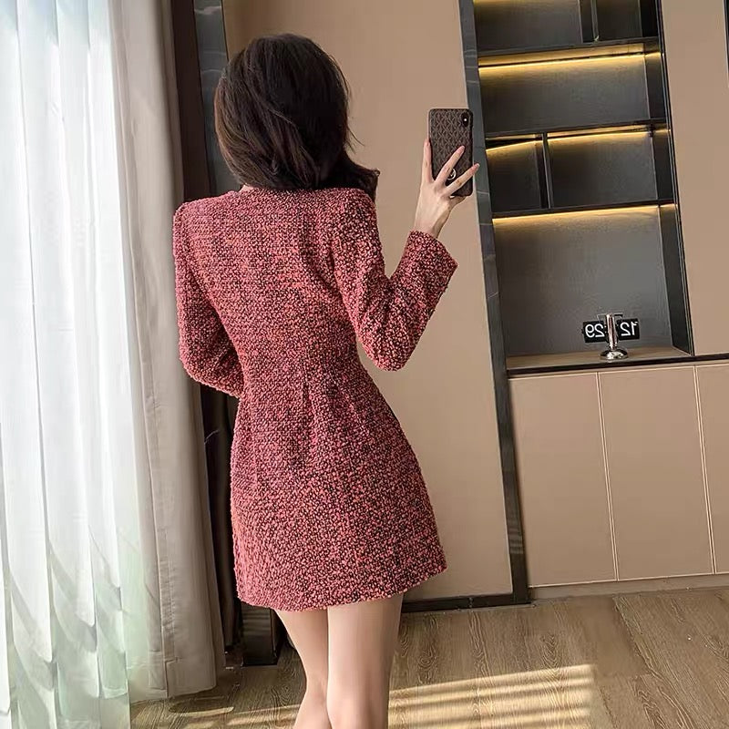High-end red tweed small fragrant dress for women autumn 2023 new style small New Year skirt retro
