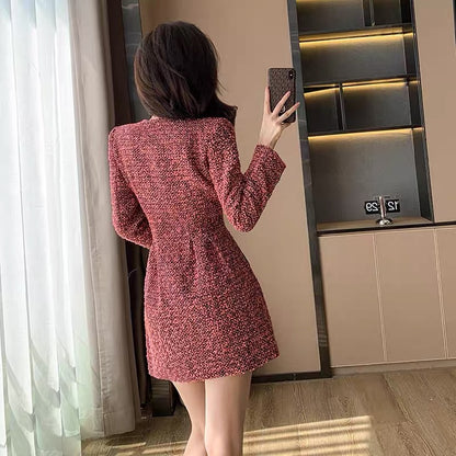 High-end red tweed small fragrant dress for women autumn 2023 new style small New Year skirt retro