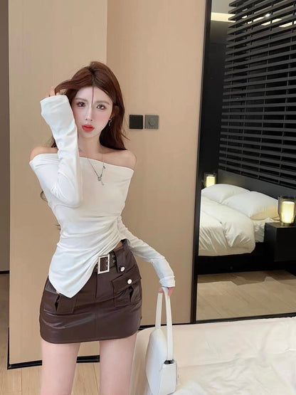 Pure desire babes sexy one-shoulder top women's autumn slit long-sleeved T-shirt bottoming shirt with a design sense niche