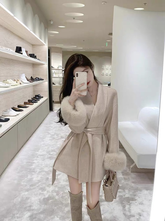 JustQn [Paris Lovers] Customized high-weight fabric Fengshen full wool fox fur double-sided woolen coat A3311