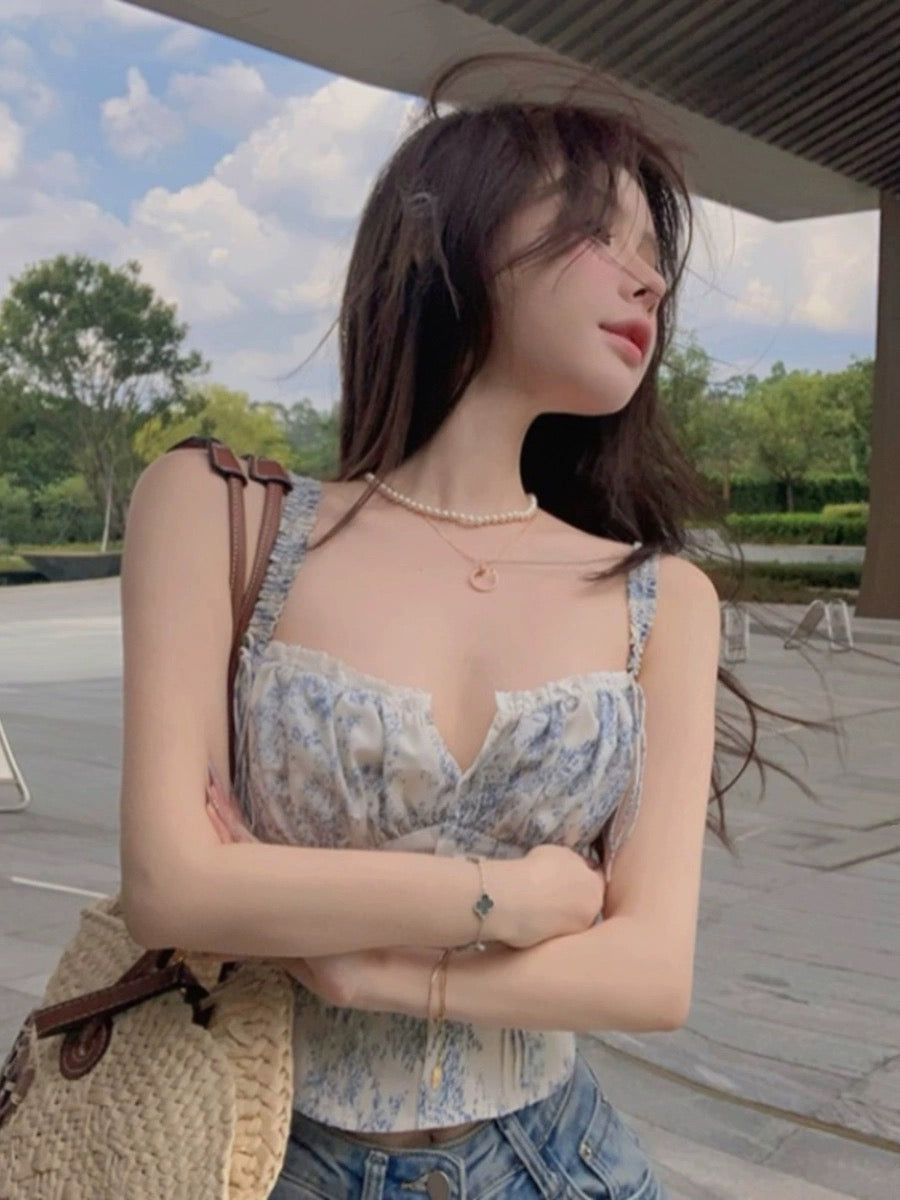 Sansanjia camisole hot girl slim fit short temperament women's top autumn bottoming shirt floral chic