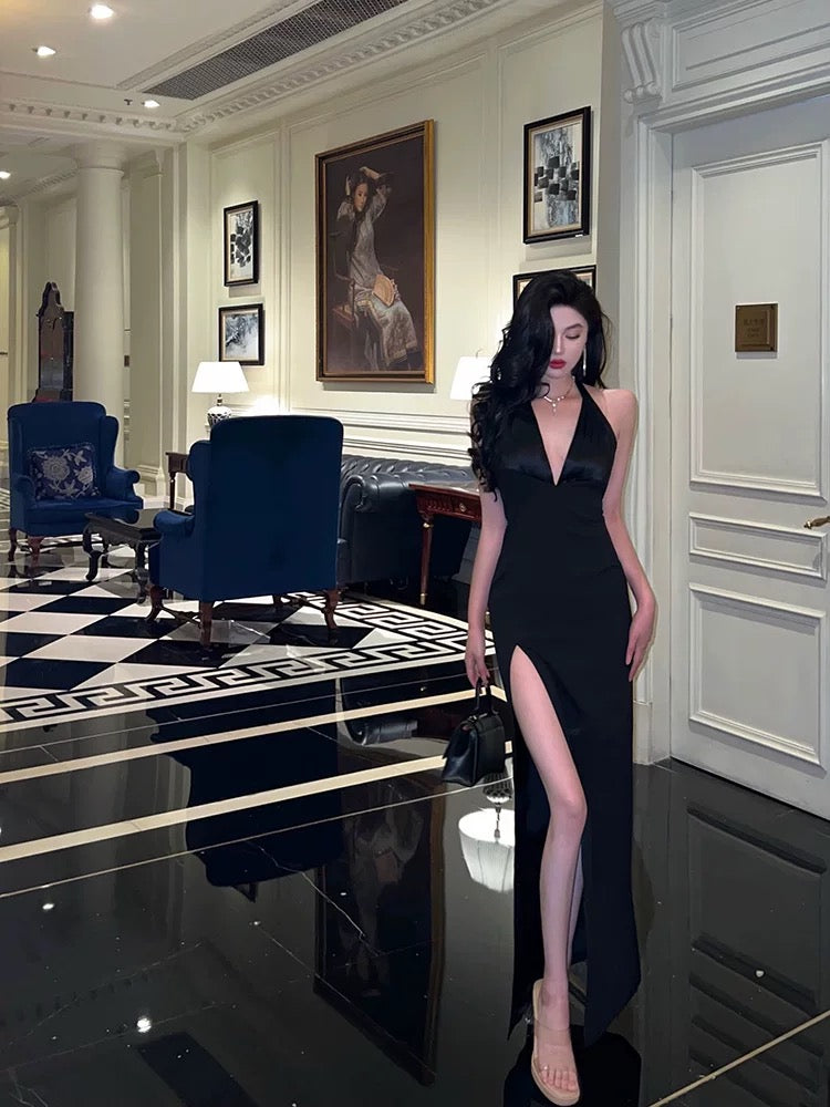 Godfrey sexy black halterneck dress for women 2023 new pure lust temperament backless slit slim long skirt