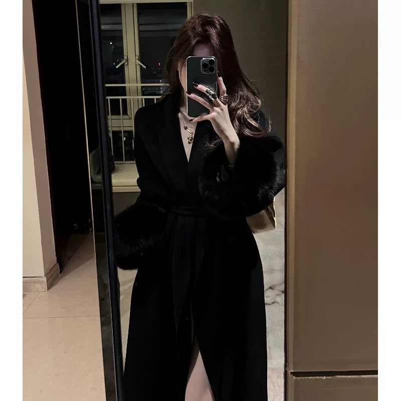 Audrey Hepburn-style black woolen coat, elegant, high-end and super good-looking, waist-cinched suit-style mid-length woolen coat for winter