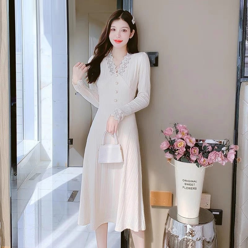 lolita early autumn knitted v-neck dress women's 2022 new high-end temperament small skirt