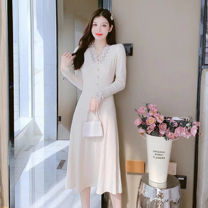lolita early autumn knitted v-neck dress women's 2022 new high-end temperament small skirt