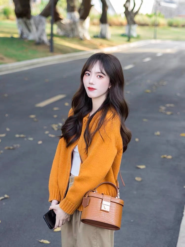 Japanese lazy sweater zipper jacket knitted cardigan pants two-piece suit autumn and winter small people wear a complete set