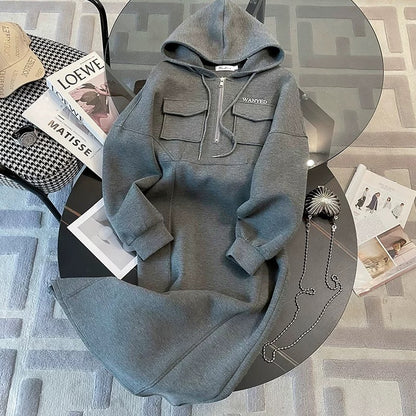 Hooded mid-length velvet thickened sweatshirt skirt women's autumn and winter 2023 new European high-end casual dress