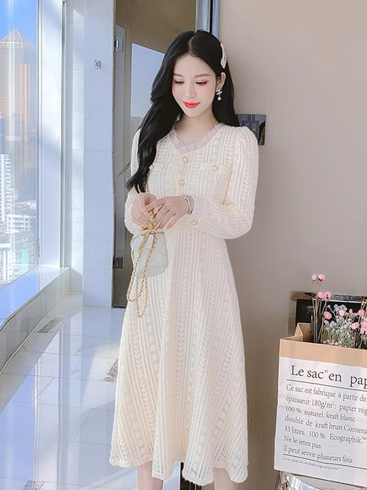Lace dress with coat, women's autumn and winter waist-cinching inner skirt, winter style velvet thickened fairy long skirt (S3338)