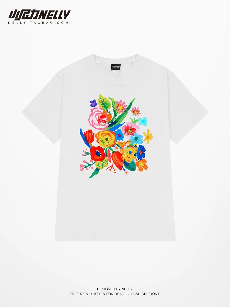 2024 summer new men's and women's short-sleeved T-shirts trendy fashion floral casual cotton round neck tops T-shirts