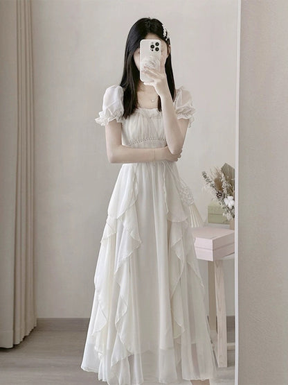 French pink chiffon dress, summer texture, high-end sense, waist slimming, gentle temperament, fairy long skirt