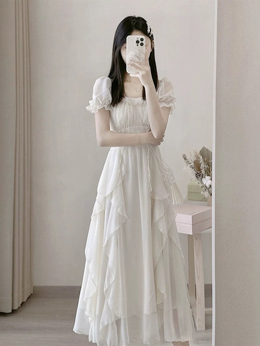 French pink chiffon dress, summer texture, high-end sense, waist slimming, gentle temperament, fairy long skirt