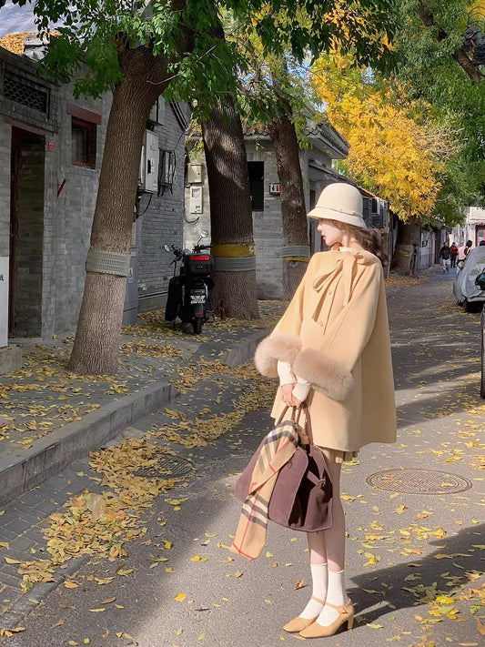 Retro elegant bow cape short wool double-sided woolen coat for women in autumn and winter T2364