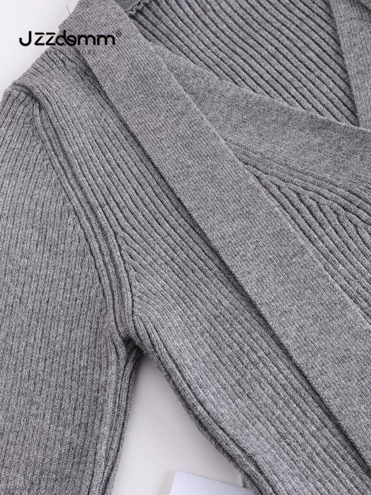 Jiuzhou Chengpin/JZZDEMM lace-up three-color stripes Korean style fashion temperament slim-fitting ribbed V-neck short cardigan for women