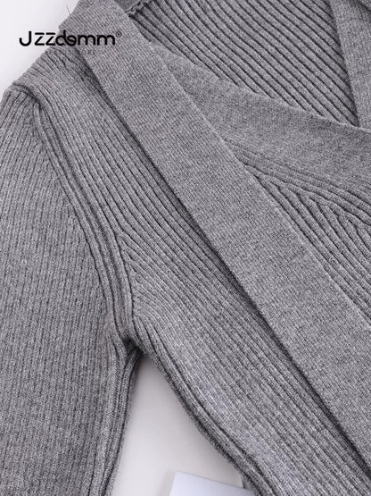 Jiuzhou Chengpin/JZZDEMM lace-up three-color stripes Korean style fashion temperament slim-fitting ribbed V-neck short cardigan for women