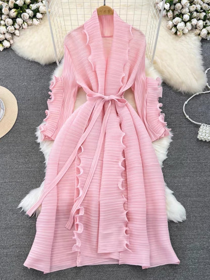 Summer gentle wind French fairy skirt heavy industry fungus lace design niche tie waist pleated dress