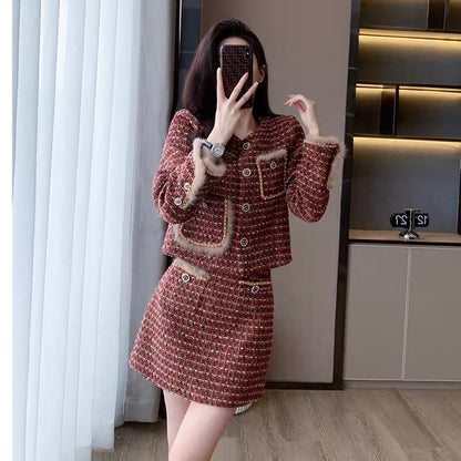2023 new women's fashion suit, small fragrance, light luxury, high-end, foreign style, age-reducing skirt, two-piece autumn set