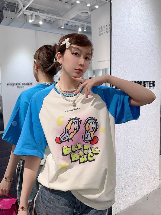 Thebestxue Korean version of white and blue stitching graffiti plug-in short-sleeved t-shirt female 2023 summer new top tide