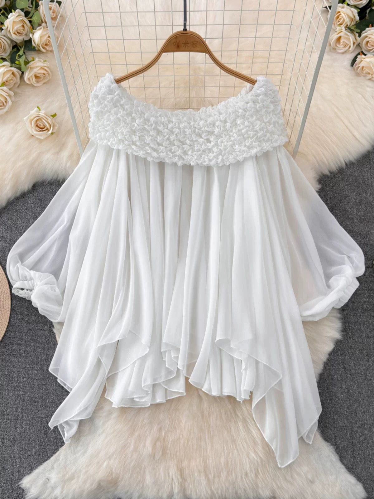 Fairy tops are super sweet and heavy pleated with off-shoulder neckline, pure French puff sleeves, irregular chiffon shirt