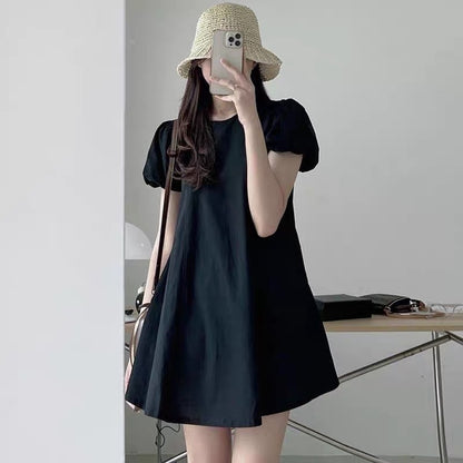 Korean chic summer simple niche round neck pleats loose puff sleeves small A word short dress female