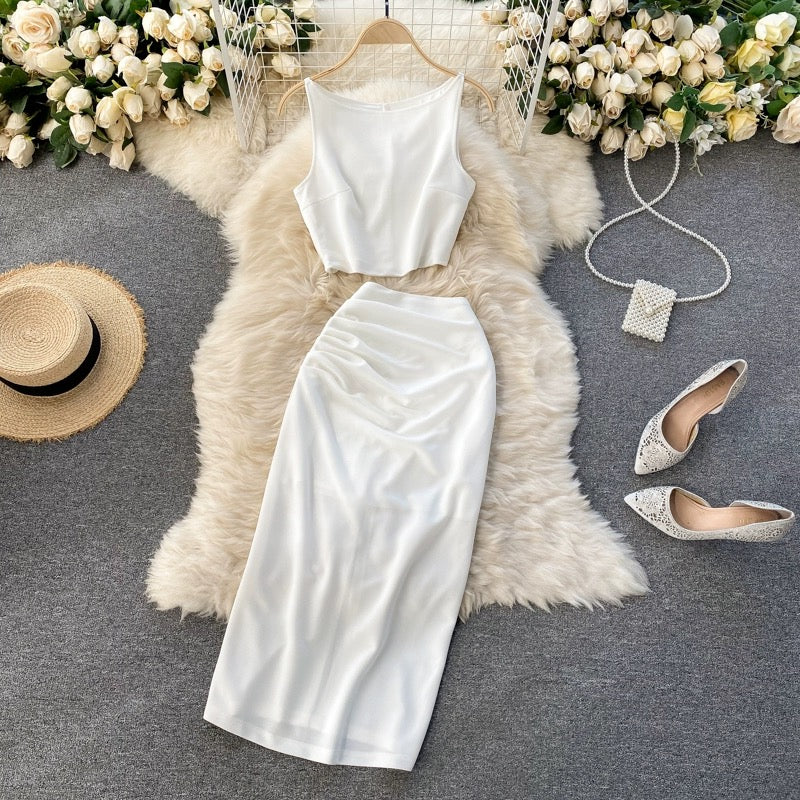 Cool and elegant lady internet celebrity suit solid color round neck vest short top high waist hip-wrapped mid-length skirt two-piece suit for women