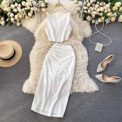 Cool and elegant lady internet celebrity suit solid color round neck vest short top high waist hip-wrapped mid-length skirt two-piece suit for women