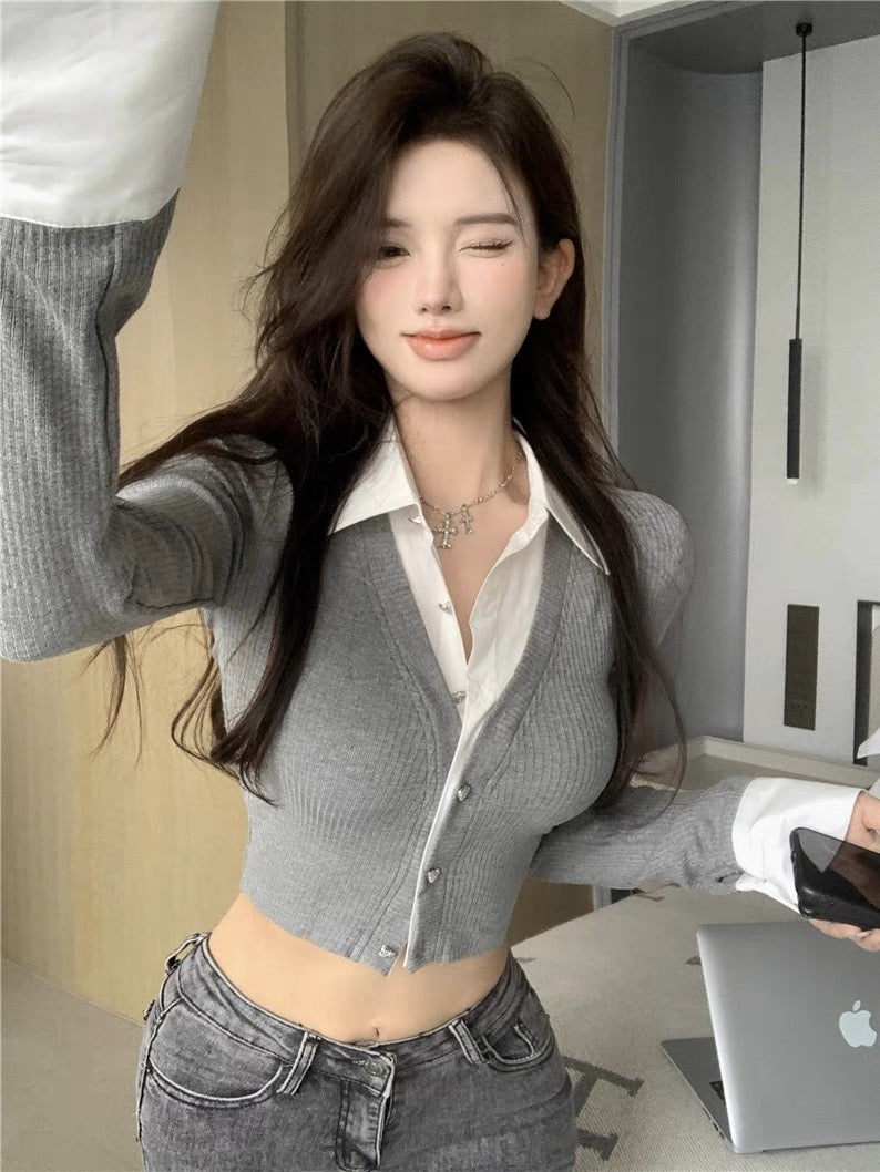 Fake two-piece shirt for women with niche design in early spring, pure lust for sweet hot girls, sexy short top, unique and unique shirt