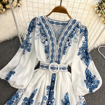 Spring and Autumn Commuting Retro Palace Style Positioned Print Lantern Sleeve V-neck Waist Slimming Single-breasted A-Line Dress