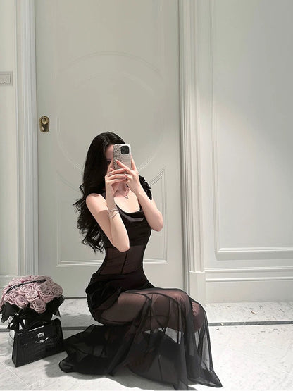 For Fay black rose/high-end satin mesh stitching sexy slim dress see-through hip fishtail skirt