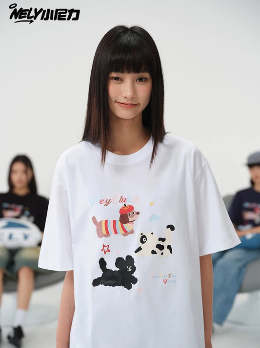 American cartoon cat print round neck short sleeve men and women summer 2025 couple pure cotton t-shirt half sleeve bottoming shirt trend