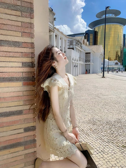 Fish Rabbit's Rabbit Fragrance Dress Female 2023 New Hollow Small Flying Sleeve Doll Collar A-Line Skirt