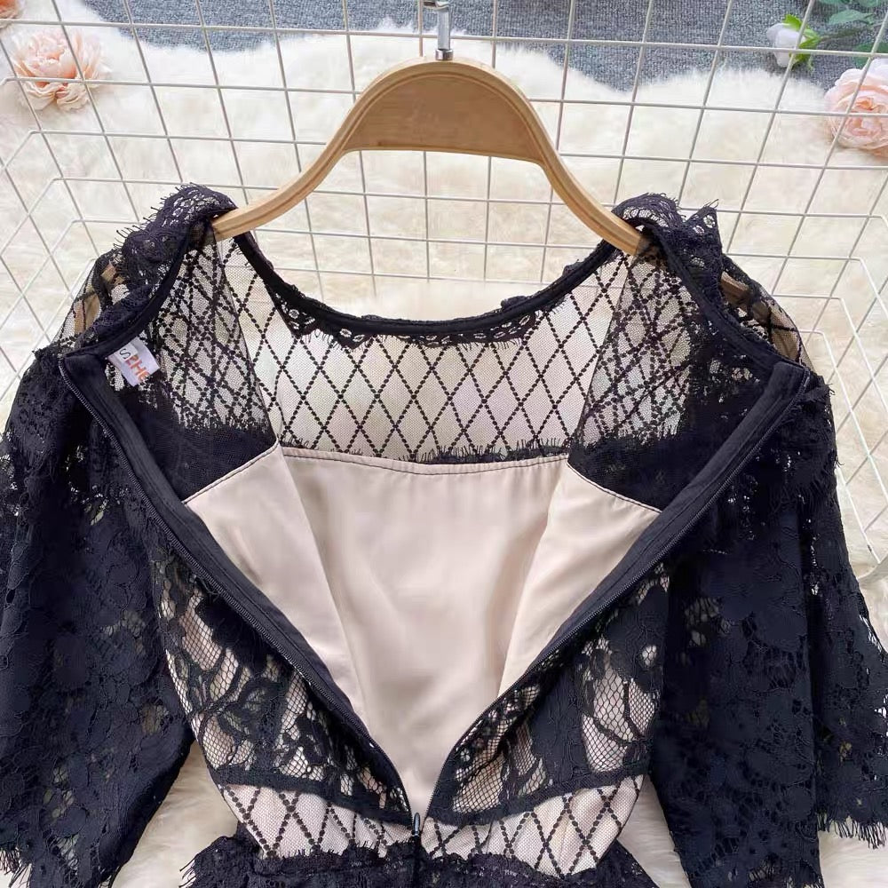 2022 Spring and Summer New Lace Dress Women's Design Niche Loose Waist Temperament Dress Long Skirt