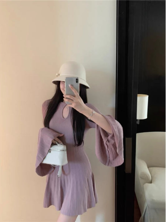 Kumikumi design hollow bell sleeve knitted dress for women in autumn pure desire waist A-line skirt short skirt