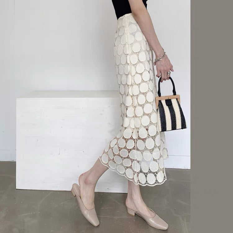2023 new spring fairy skirt summer a-line French niche lace polka dot irregular mid-length skirt for women T3474