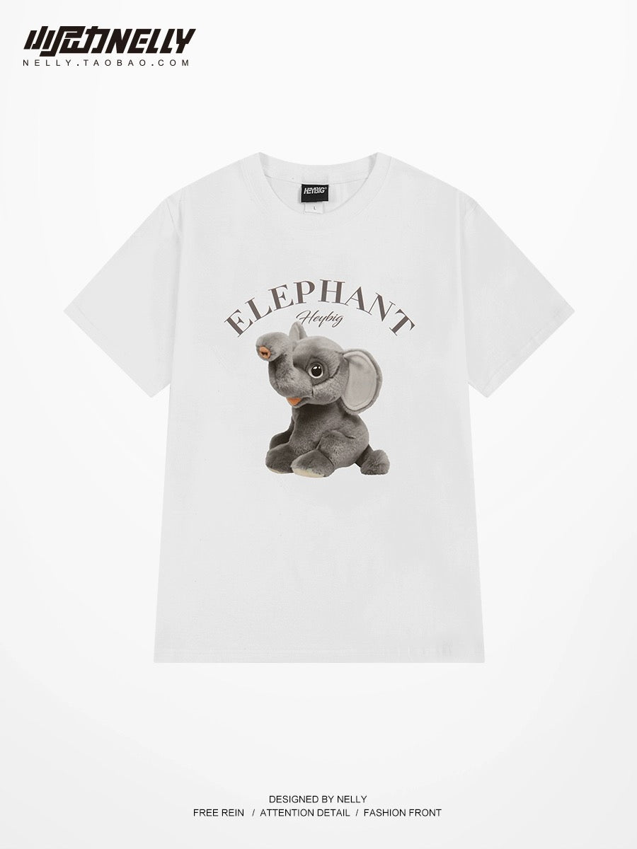 chic Hong Kong style elephant print pure cotton short-sleeved T-shirt for men and women loose Korean style new half-sleeved style age-reducing tops