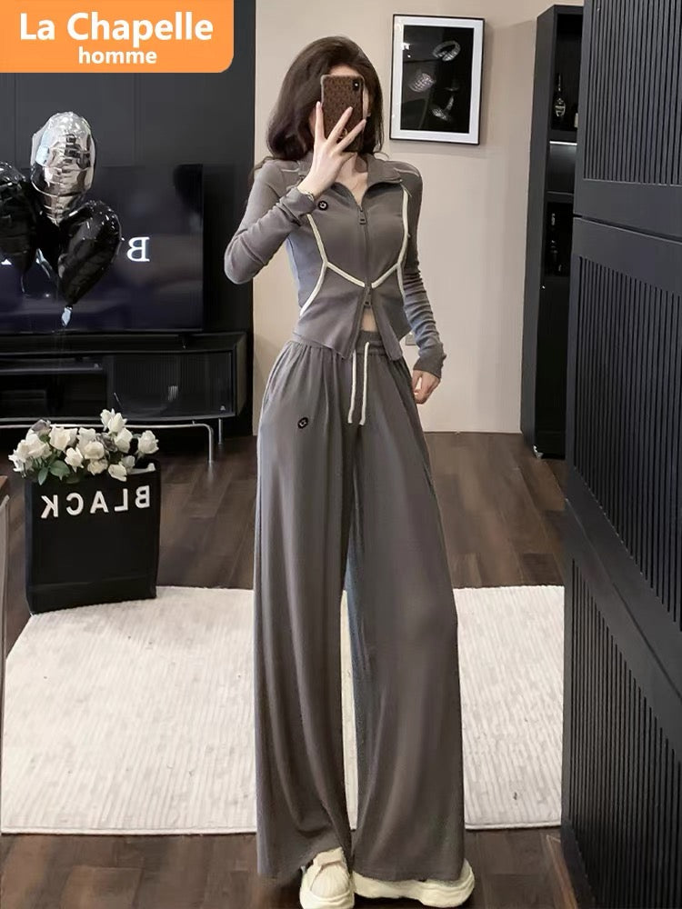 La Chapelle Casual Sports Suit Women's Autumn 2023 New Short Top High Waist Wide Leg Pants Two-piece Trendy Set