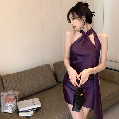 French Spice Girl Temperament High Sexy Backless Purple Satin Ribbon Halter Neck Suspender Dress Female Summer Bag Hip Skirt