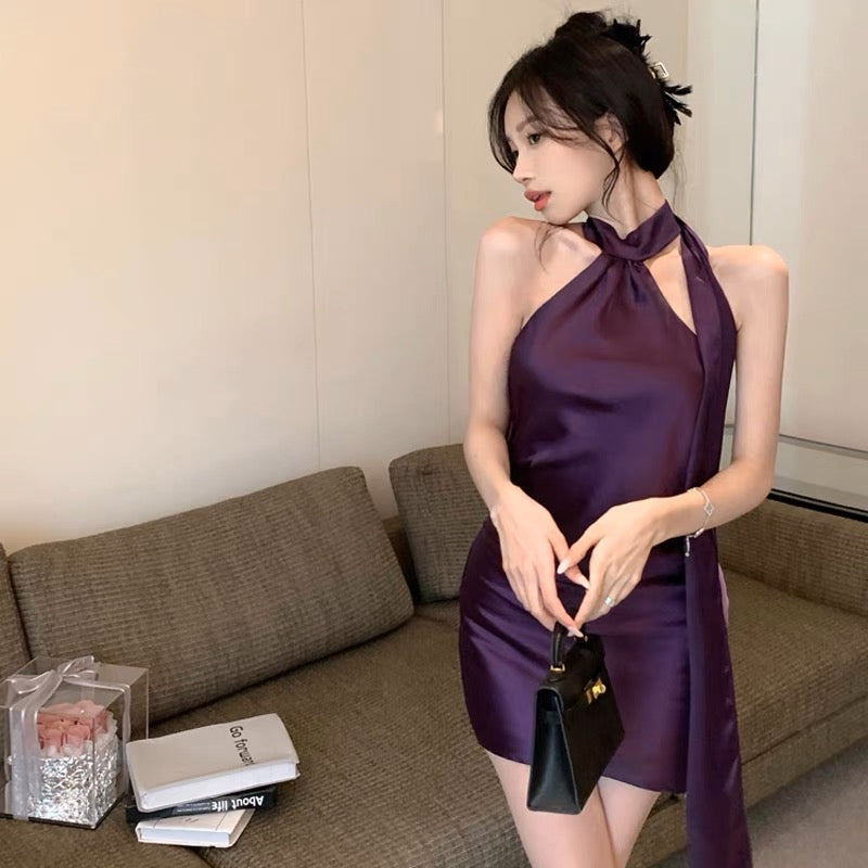 French Spice Girl Temperament High Sexy Backless Purple Satin Ribbon Halter Neck Suspender Dress Female Summer Bag Hip Skirt